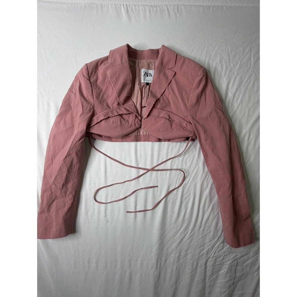 Zara Womens Pink Cropped Wrap Blazer Tie Front Jacket‎ Size Medium